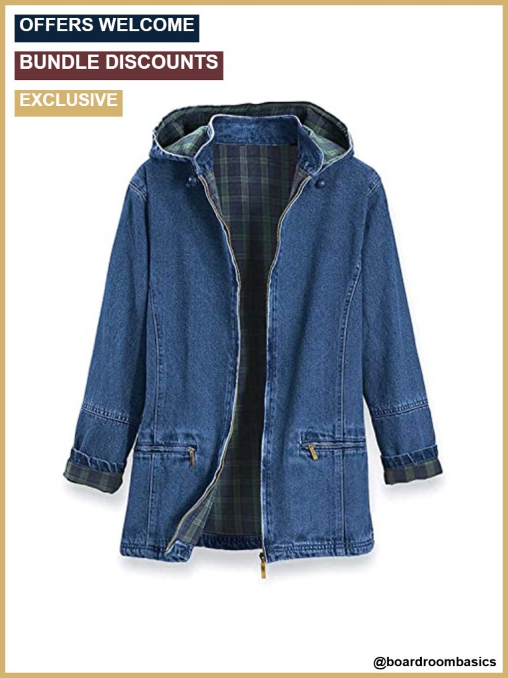 Women's Flannel Lined Denim Jacket Detachable Hood Zip Front 100% Cotton
